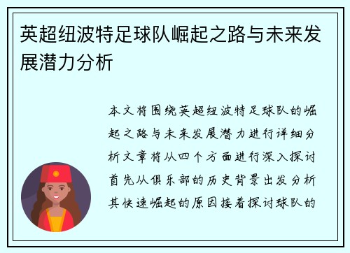 英超纽波特足球队崛起之路与未来发展潜力分析 英超纽波特足球队崛起之路与未来发展潜力分析